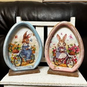 Easter decor bunnies on bikes